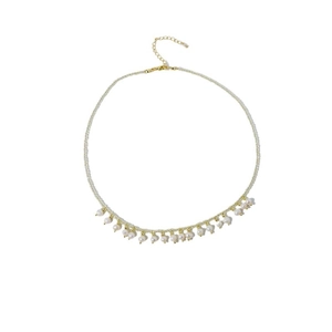 Elegant natural pearl necklace with gold beads and extension chain on white background