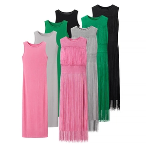 Women Elegant Sleeveless Knit Maxi Dress And Fringe Tassel Overlay Round Neck Solid Color Evening Party Clothing
