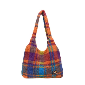 Colorful plaid fleece tote bag with soft teddy fabric and 79 Fashion bear label