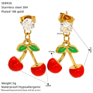 Detail showing red cherry earrings dimensions 25x16mm in 18k gold plated stainless steel
