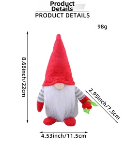 Detail of Christmas gnome plush toy with red hat and white beard showing dimensions