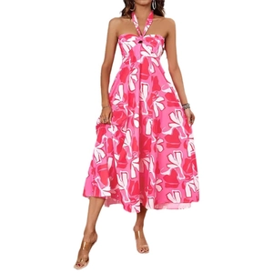 Robe longue d'été à licou pour femme avec imprimés floraux roses pour les vacances