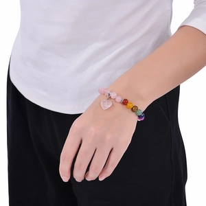 8mm colorful natural stone beaded bracelet with pink heart pendant on female model wrist