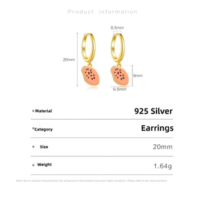 Detailed size specifications for gold papaya pendant earrings in 925 sterling silver