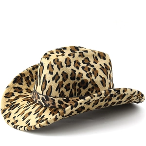 Western Cowboy Hat Leopard Cow Print Felt Wide Brim Fedora Retro Outfitter Style For Men And Women Fashionable