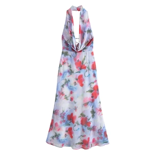 Floral Print Halter Neck Maxi Dress For Women Sleeveless V Neck High Waist Polyester Elegant Summer Resort Long Dress