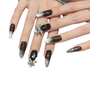 French cyber punk long coffin press-on nails with brown gradient and silver bow decoration