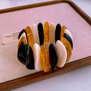 Geometric Acrylic Elastic Bracelet Retro Chunky Resin Bangle Patchwork Color Block Fashion Jewelry For Women