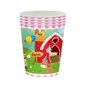 Farm theme disposable paper cups with cute animal illustrations for kids birthday parties