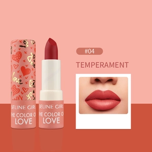 Detail view of temperament red lipstick #04 with pink marble casing and color swatch
