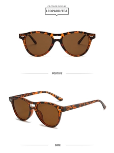 Detail view of leopard frame sunglasses with tea lenses and retro double bridge design