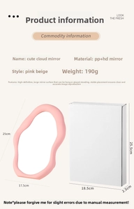 Cloud-shaped pink makeup mirror with packaging box showing dimensions and material details