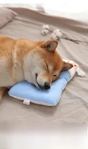 Nahaufnahme eines Shiba Inu Hundes, der auf einem weichen hellblauen Haustierkissen schläft