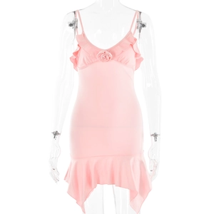 Pink V-neck mini dress with ruffle hem and delicate rose accent on transparent mannequin