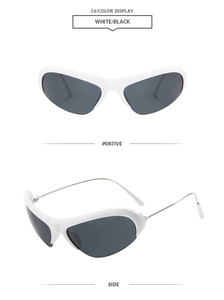 Detailed front and side views of Y2K half-frame sports sunglasses with white metal legs