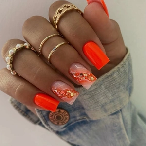 Faux Ongles À Presser Marbre Orange Ongles Artificiels Brillants Avec Feuille D'or Paillettes Forme Carrée Couverture Complète Mode