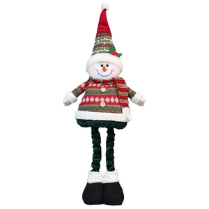 Retractable Christmas snowman plush doll with striped scarf and tall hat on white background