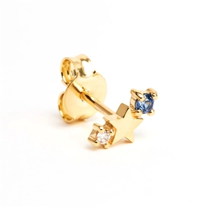 Macro shot of S925 silver star earring with blue sapphire and clear diamond inlay