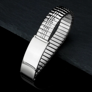 Polished silver stainless steel elastic strap bracelet with a flat rectangular metal plate