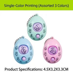 Mini Rock Paper Scissors game keychain set in mint green, blue, and pink colors