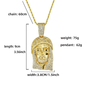 Detailed size chart of gold Jesus pendant necklace with dimensions and weight parameters