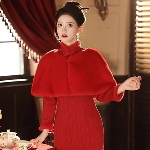 Elegant red faux fur bridal cape shawl for wedding and evening gown warmth