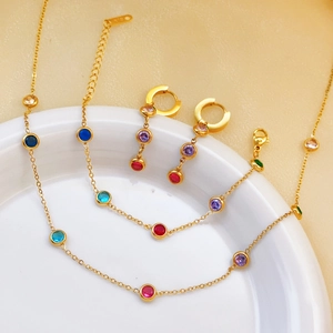 Titanium Steel Colorful Round Cubic Zirconia Bracelet Necklace And Earrings Gold Plated Thin Chain Delicate Jewelry For Women