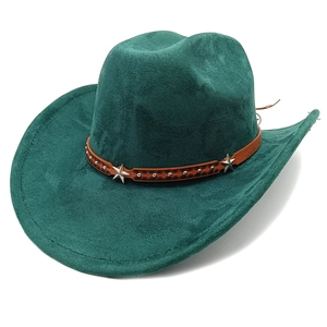 Dark green faux suede western cowboy hat with brown leather star studded decorative band