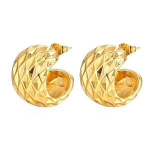 Boucles d'oreilles rétro en acier inoxydable plaqué or 18K avec texture losange