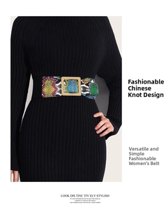 Close-up of wide elastic belt featuring colorful snake print and large gold square buckle