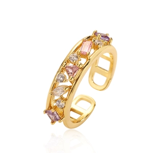 18K gold plated adjustable ring featuring colorful cubic zirconia and pearl accents