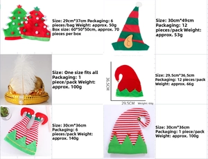 Detailed view of various Christmas elf hats with red and green stripes and sequins