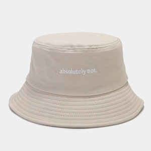 Beige cotton bucket hat with 'absolutely not.' white embroidery for outdoor sun protection