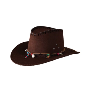 Brown faux leather western cowboy hat with colorful beads and shell decoration