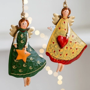 Set of 2 vintage iron Christmas angel ornaments with stars and hearts for tree decor