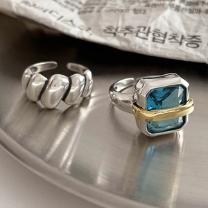 Retro S925 silver square blue gemstone ring with twisted rope design and open band
