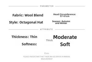 Size chart for wool newsboy cap showing head circumference 57-61cm and material specs