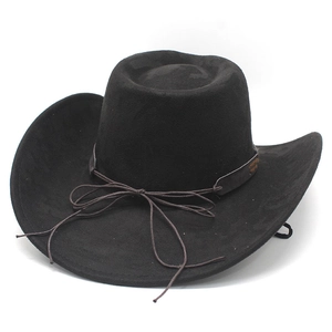 Detailed view of black suede cowboy hat with decorative string bow and curved brim
