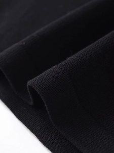 Detailed close-up of premium black ribbed knit fabric texture on a short sleeve T-shirt