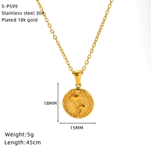 Detail of 18K gold plated stainless steel lily pendant with 18mm diameter dimensions