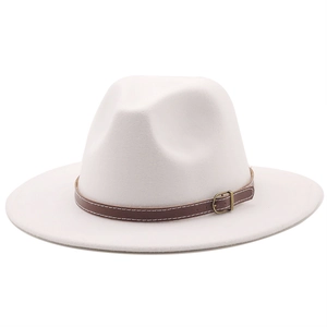 Detail of white fedora hat with brown leather band and metallic buckle closure