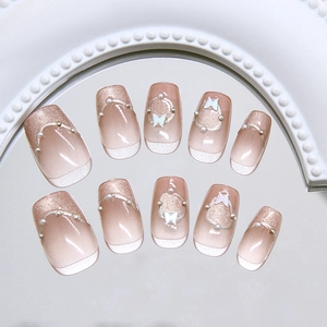 French aurora butterfly press-on nails with cat eye effect and pearl accents