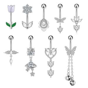 Stainless Steel Belly Ring Rhinestone Inlaid Flower Butterfly Heart Wing Enamel Dangle Navel Piercing Body Jewelry For Women