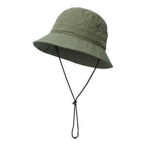 Detail of army green bucket hat with black adjustable chin strap on white background
