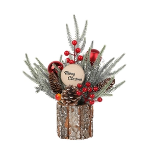 Christmas mini tabletop centerpiece with artificial pine, red berries, and snow on wood base