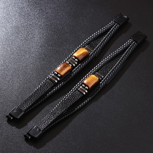 Men's multi-layer leather bracelet with tiger eye stones and black magnetic clasp