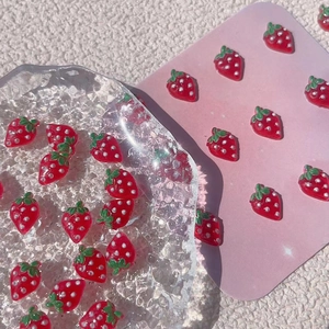 3D red resin strawberry nail art charms with green leaves for DIY manicure decoration