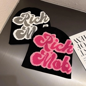 Unisex Rich Mob lettered knit beanies in black with pink and grey jacquard patterns