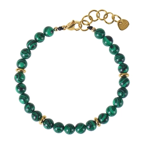 Detail of 6mm malachite style beaded bracelet with stainless steel clasp and chain