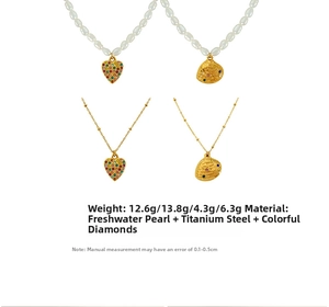 Macro detail of four necklace styles with freshwater pearls, gold shells, and heart pendants